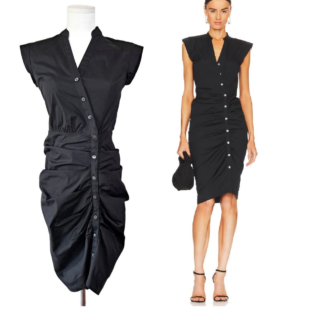VERONICA BEARD Black Bell Ruched Asymmetric Button Shirtdress Size 2 Midi